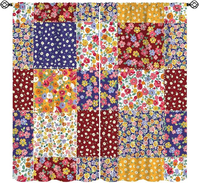 Boho Floral Patchwork Blackout Curtains Vintage Flower Bohemian Colorful Spring Retro Print Window Drapes for Bedroom Living Room Kitchen Cafe （W26xL84 Inch） x2 Panels