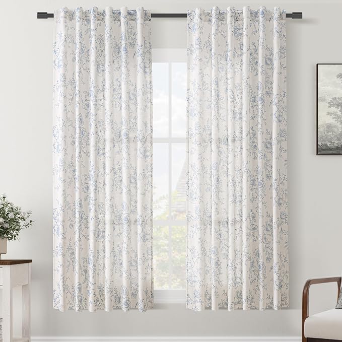 Blue Floral Curtains 72 inch Length Back Tab Farmhouser Living Room Light Filtering Curtains Blue Pattern Print on Cream White Linen Curtain Panel Minimalist Aesthetic Sketch Style Vintage Room Decor