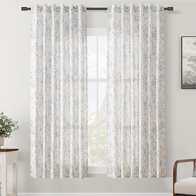 Blue Floral Curtains 63 inch Length Back Tab Farmhouser Living Room Light Filtering Curtains Blue Pattern Print on Cream White Linen Curtain Panel Minimalist Aesthetic Sketch Style Vintage Room Decor