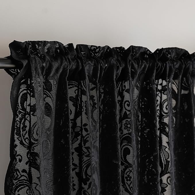 ALIGOGO Black Lace Curtains Short 54 Inch Length - Gothic Sheer Dark Floral Lace Kitchen Curtains 2 Panels, Vintage Moody Skull Spooky Rod Pocket Privacy Saclloped Halloween Decor, 52 x 54 Inch