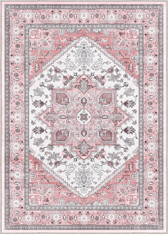 OPPODREAM Soft Area Rugs 4x6, Low-Pile Washable Rugs 4x6 with Non Slip Backing, Faux Cashmere 4 x 6 Throw Carpet, Pink & Cream