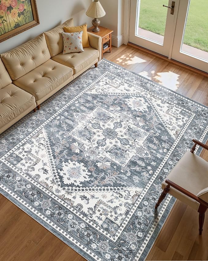 9x12 Vintage Area Rug: Washable Neutral Soft Non Slip Thin Large Floor Carpet for Living Room Bedroom Kitchen Dining Room Home Office Farmhouse Indoor - Blue