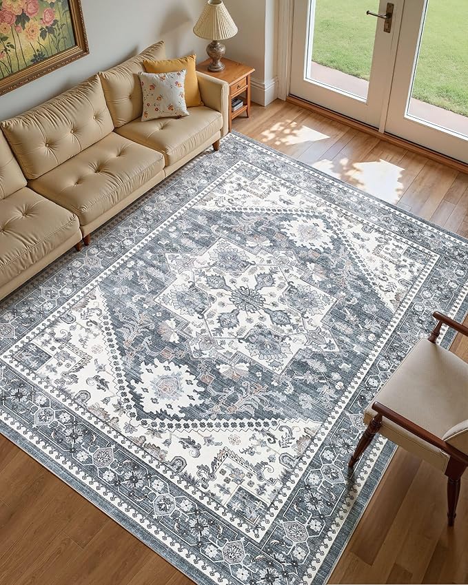 8x10 Vintage Area Rug: Washable Neutral Soft Non Slip Thin Large Floor Carpet for Living Room Bedroom Kitchen Dining Room Home Office Farmhouse Indoor - Blue