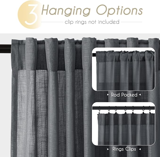Dark Gray Curtains for Living Room Back Tab Modern Farmhouse Semi Sheer Gray Curtains 45 inches Long 2 Panels Set Muted Neutral Window Curtain for Dining Room Bedroom 52x45