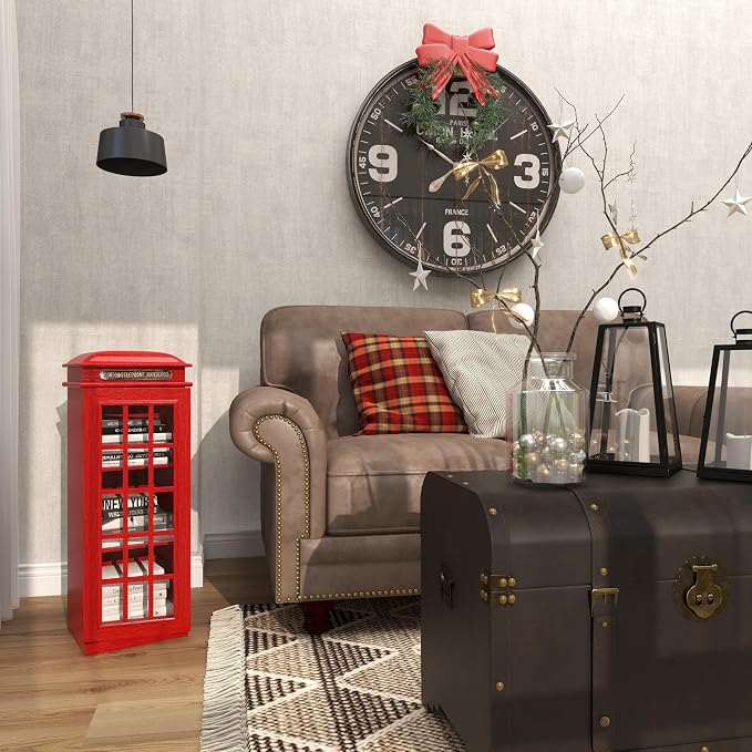 Deco 79 Wooden Vintage Telephone Booth Accent Cabinet, 11" x 9" x 30", Red | London telephone booth, storage cabinet, 3 shelves, red bookshelf