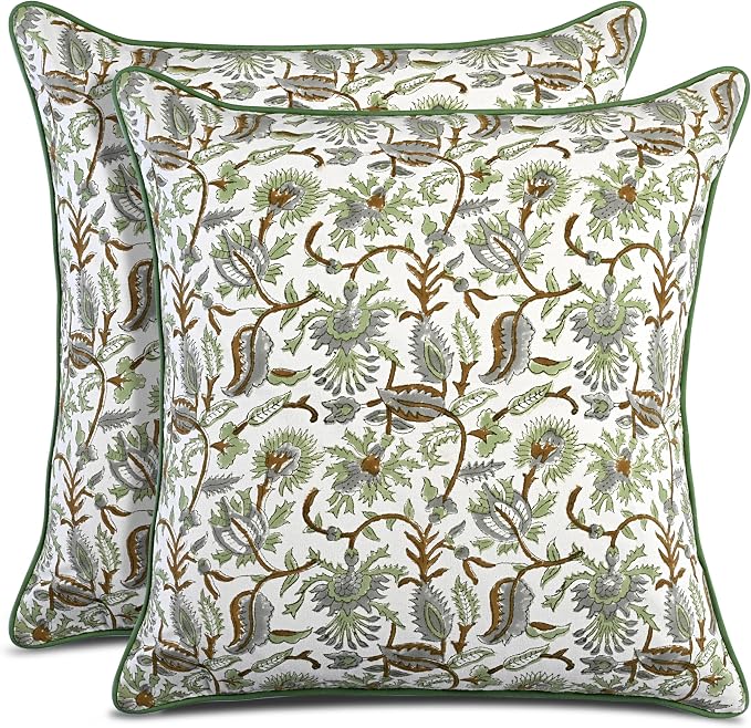 CPC 100% Cotton Throw Pillow Covers 20x20 Inch, Set of 2 Green Block Print Pattern Couch Pillow, Cute Boho Decorative Pillows for Living Room, Bedroom with Hidden Zipper- Mint Leaf