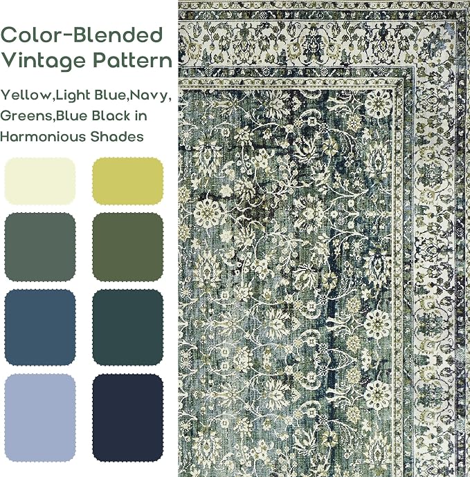 Green Washable Bathroom Hallway Runner Rug with Rubber Backing Non Slip Vintage Boho Floral Long Runners Rugs for Entryway Indoor Laundry Room Bath Floor Kitchen,2x6,24x72 Inch,Dark Emerald and Blue