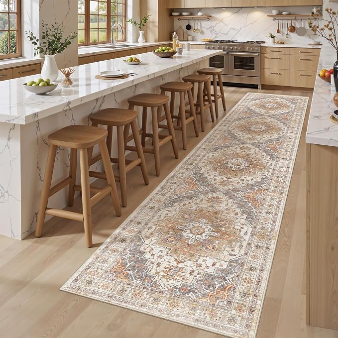 2'6" x 12'Non Slip Runner Rugs - Runners for hallways, Kitchen,Entryway,Stain Resistant Washable Rugs for Bedroom, Indoor Vintage Area Rugs (Turmeric/Grey,2'6" x 12')