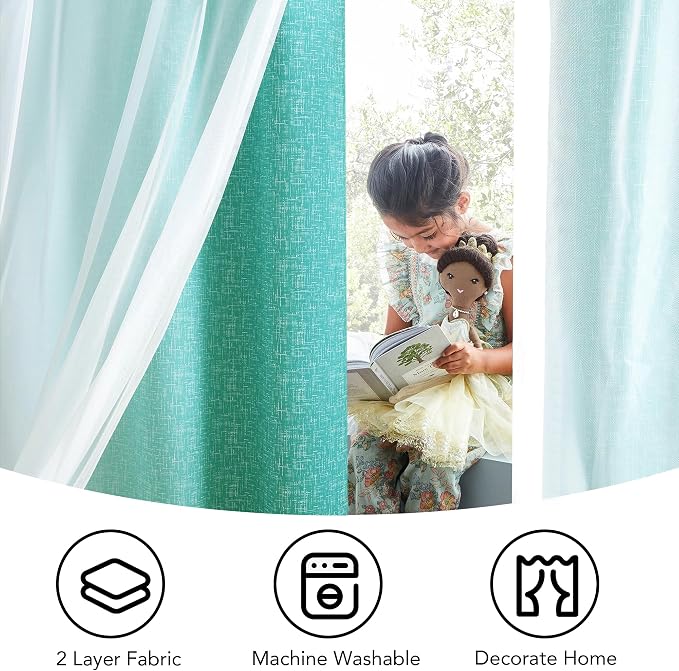 Ombre 100% Blackout Curtains 84 Inches Long 2 Panels for Bedroom Living Room Teal and White Double Layer Sheer Overlay Mix & Match Grommet Thermal Soundproof Drapes with Tiebacks, 52x84