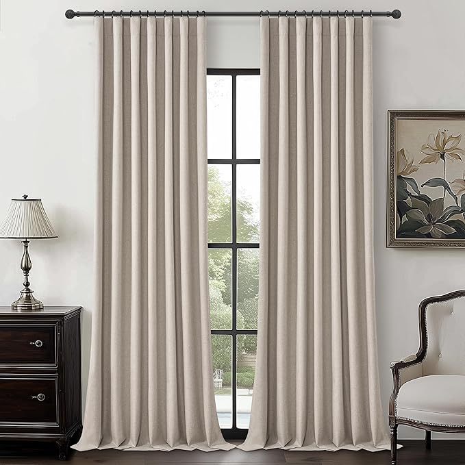 Full Blackout Taupe 100 Inch Long Curtains for Sliding Glass Doors 2 Panels Set, Rustic Country Linen Blend Greyish Flax Heavy Burlap Drapes Pin Hooks&Rings Back Tab Large Window Curtain (50"Wx100"L)