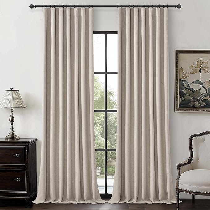 Grey Flax Curtains 92 inch Length 2 Panels Set, Hook Belt&Rod Pocket White Backing Beige Taupe Thermal Living Room/Bedroom/Sliding Door Linen Blackout Curtain Window Boho Summer Drapes (50"Wx92"Lx2 )