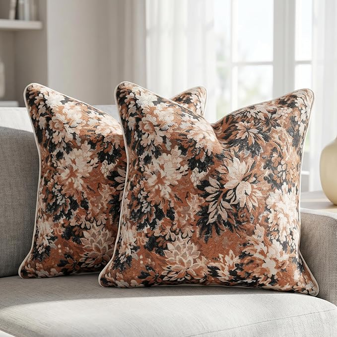 Vintage Floral Throw Pillow Covers 18x18 Inches Set of 2 Boho Farmhouse Pillow Cases Premium Chenille Textured Decorative Cushion Covers for Couch Retro Garden Farmhouse Style Caramel