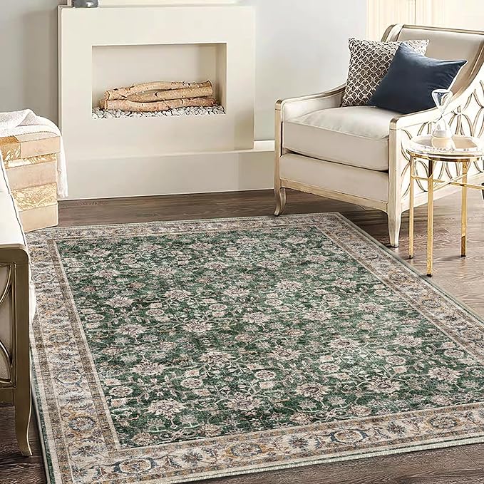 CHAMPLANT Washable Area Rug 4'x6' Vintage Traditional Floor Cover Foldable Thin Rugs Retro Kitchen Indoor Distressed Non Slip Carpet Floral Print Mat Bedroom Living Room