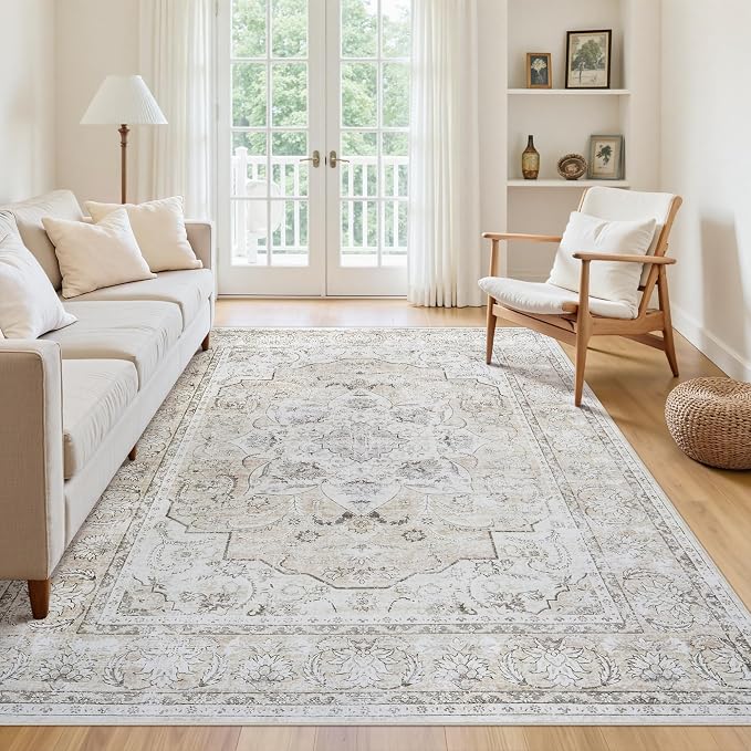 6x9 Area Rugs for Living Room:Beige Washable Vintage Medallion Carpet Non-Slip Soft Low Pile Large Rugs Indoor Retro Rug for Bedroom Nursery Dining Table Office Home(Beige White, 6'x9')