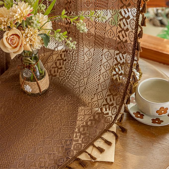 Sutuo Home Dark Coffee Lace Boho Curtains for Kitchen Nursery, Crochet Semi Sheer Macrame Bohemian Cottage Farmhouse Fringes Vintage Chic Window Treatment Drapes, Rod Pocket 1 Panel 59" W x 63" L