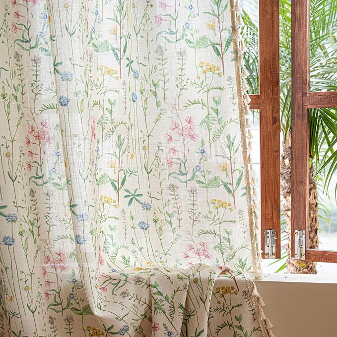 Deeprove Boho Curtains 63 Inches Length 2 Panels with Handmade Cream Tassel, Herbs Florals Print Textured Window Drapes for Living Room Bedroom Farmhouse Cottage Shabby Style Privacy, 52W x 63L