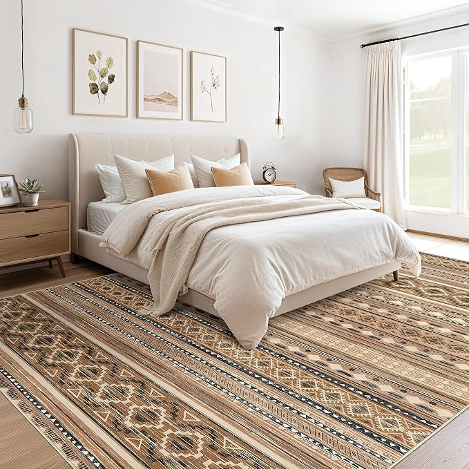 cotiled 10x14 Area Rugs Living Room Rug: Washable Boho Rugs with Non Slip Backing Large Soft Indoor Stain Resistant Carpet for Bedroom Farmhouse Dining Room Lightweight Home Decor Brown/Beige