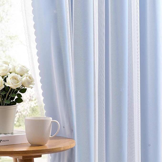 XiDi Blackout Short Curtain 2 Panels for Kitchen Cafe Light Blue Cut Out Hollow Star Curtains for Bedroom Girls Kids W42 x L45 Thermal Insulated Grommet Top Thermal Insulated Window Treatments 52x54
