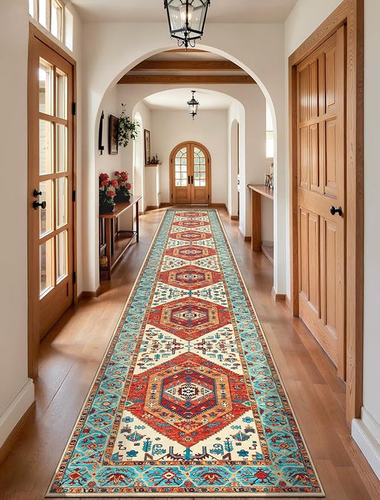 SERISSA Runner Rug for Hallways, 2'6"x18' Washable Non Slip Kitchen Runner Rug, Extra Long Boho Rug Ultra Soft Vintage Orange Print Floor Carpet for Hallway Living Room Dining Room Bedroom