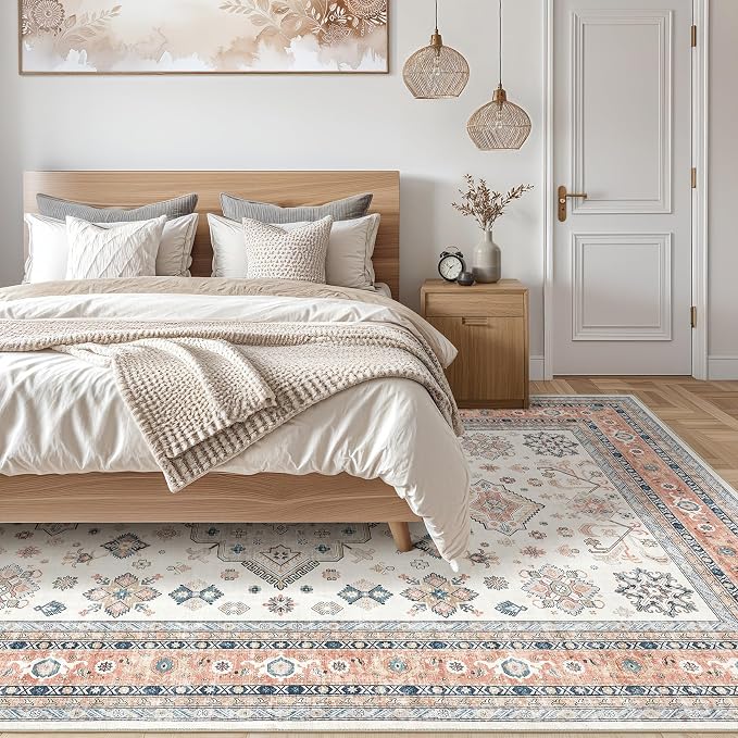 Vintage Living Room Area Rug 6x9 - Large Soft Washable Oriental Traditional Distressed Farmhouse Rugs for Bedroom - Indoor Floor Accent Carpet for Home Office House Decor - Coral Pink