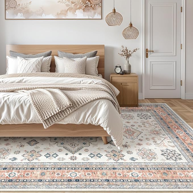Vintage Living Room Area Rug 9x12 - Large Soft Washable Oriental Traditional Distressed Farmhouse Rugs for Bedroom - Indoor Floor Accent Carpet for Home Office House Decor - Coral Pink