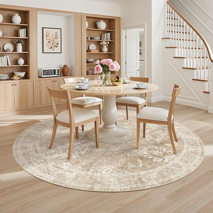 Madane Washable Round Rug 9ft for Living Room, Soft Ultra-Thin Non-Slip Vintage Floral Circle Area Rug, 9x9 Round Throw Carpet for Dining Room Nursery Bedroom Kitchen (Beige/Brown, 9'Round)
