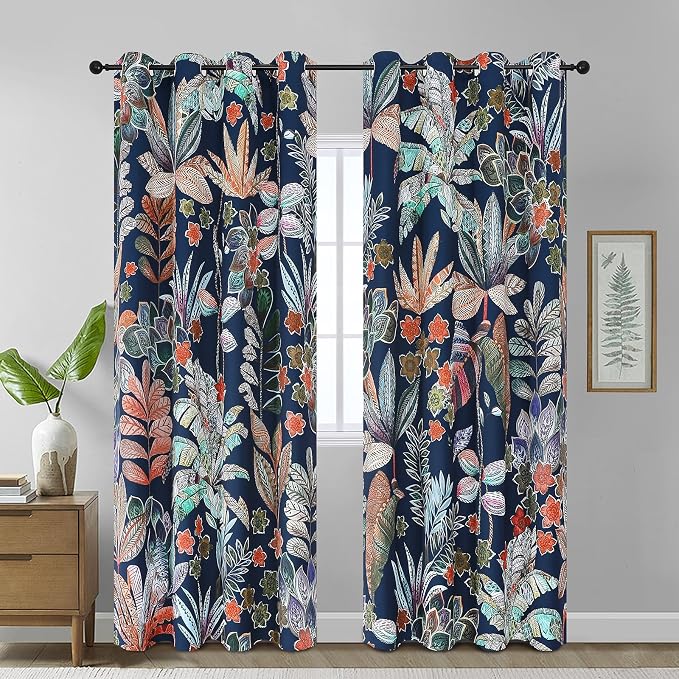 Estelar Textiler Leaves and Petals Pattern Design Room Darkening Blackout Curtains 84 Inch Long, Navy Blue Energy Saving Thermal Insulated Window Drapes for Living Room/Bedroom, 52x84 Inch, 2 Panels