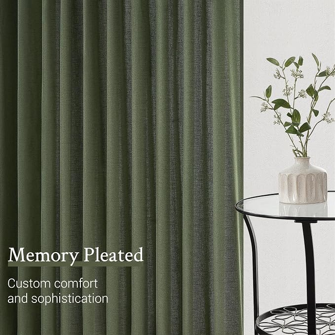 Topfinel Olive Green Pinch Pleated Semi Sheer Curtains Textured Linen Blended Light Filtering Window Curtains 94 inch for Living Room Bedroom Pinch Pleat Drapes with Hooks 2 Panels 40" Wx94 L