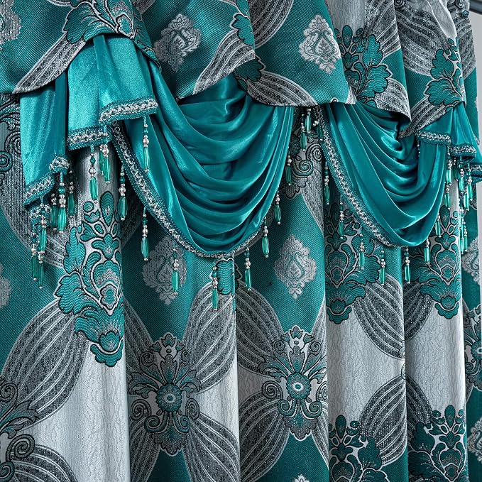 Petrichor Elegant Curtains with Gold Silver Threads 2 Panels Set - Luxury Window Treatment Attached Valance, Sheer Backing, and 2 Tie Backs for Bedroom and Living Room, 54x95 inches, Teal