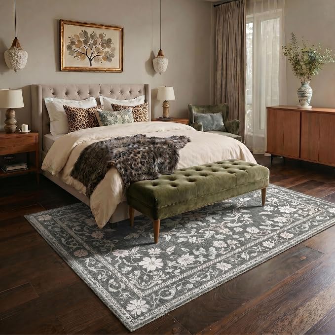 Bavni Washable Rugs 8x10, Machine Washable Rug Lightweight Low Pile, Floral Vintage Rug Non-Shedding Distressed Throw Carpet for Living Room Bedroom Office, Charcoal Gray