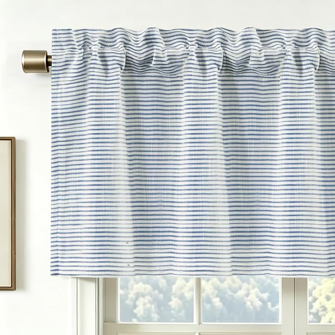 DriftAway Blackout Linen Ticking Striped Curtain Valance 18 Inches Navy | Double Layer Farmhouse Country Rustic Stripe Yarn Dyed Woven Thermal Insulated Rod Pocket Valance for Living Room