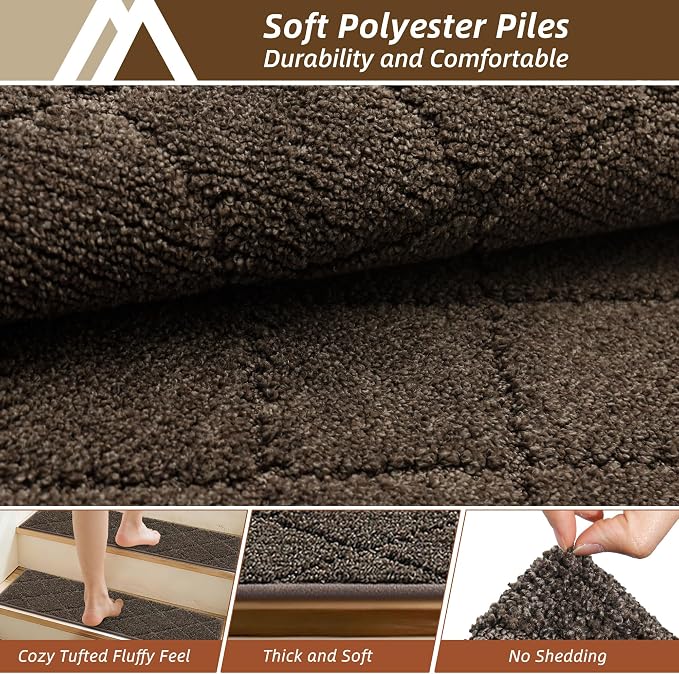 COSY HOMEER Edging Stair Treads Non-Slip Corner Indoor Stair Runners for Wooden Steps,Landing Slip Resistant Stair Rugs for Kids and Dogs, 100% Polyester TPE Backing,Brown,20"X32"
