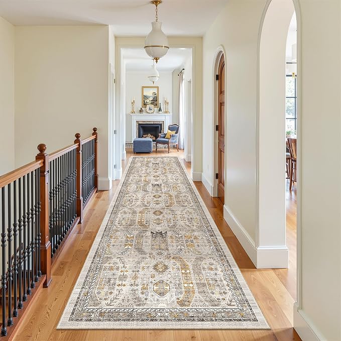 Madane Hallway Runner Rug 3x12 Washable Kitchen Runners 12ft, Brown/Gold | Vintage Non Slip Area Rugs for Hallways, Soft Low-Pile Thin Farmhouse Wide Floor Carpet for Entryway Foyer Bathroom Bedroom