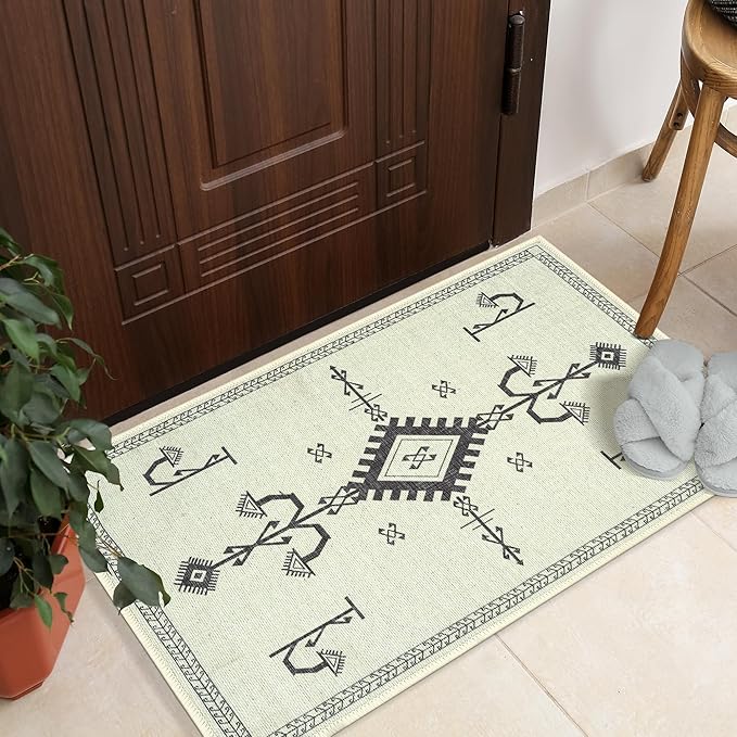 GLN Rugs Contemporary Collection - Machine Washable Area Rug, Contemporary Washable, Non Slip, Low Pile Chenille Rug, Living Room, Bedroom, Kitchen Rug (2' x 3' Cream/Anthracite)