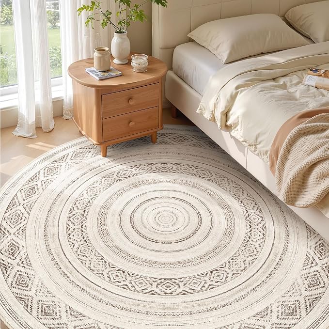 cotiled 8x8 Round Area Rugs Living Room Rug: Washable Boho Rugs with Non Slip Backing Large Soft Indoor Stain Resistant Carpet for Bedroom Farmhouse Dining Room Lightweight Home Decor Dark Brown