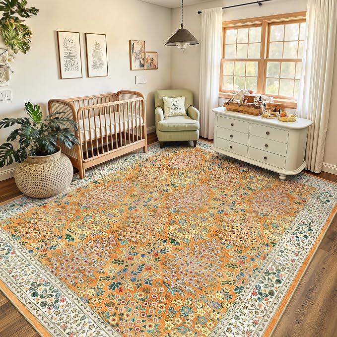 8x10 Area Rugs, Machine Washable Low Pile Floral Rugs for Living Room, Bedroom, Large Boho Area Rug with Non-Slip Backing for Dining Room(Orange Floral)