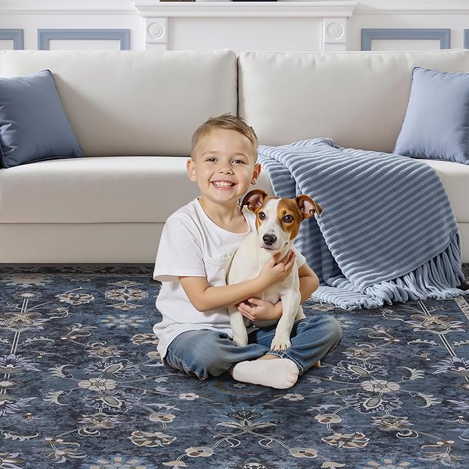 Tangsoo 3x10 Runner Rugs for Hallway Non Slip, Washable Long Rug Runner Boho Vintage Floral Rugs, Distressed Blue Black Soft Low Pile Indoor Runners for Entryway,Living Room,Kitchen,Kids&pets Friendly