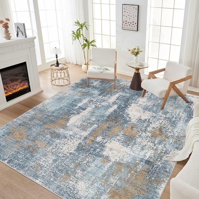 DMOYEST Area Rug Living Room Rugs - 6x9 Washable Soft Indoor Neutral Modern Abstract Low Pile Rug Carpet for Bedroom Dining Room Farmhouse Home Office - Blue Brown