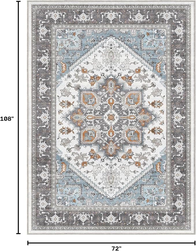 OPPODREAM Soft 6x9 Area Rugs, Washable Rug 6x9 with Non Slip Backing, Faux Cashmere Low-Pile 6 x 9 Carpet, Grey & Teal & Yellow
