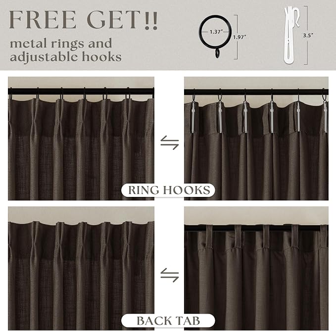 TWODRAPES Dark Chocolate Pinch Pleated Linen Curtains 2 Panels for Living Room Bedroom Memory Training Shaped Semi Sheer Pleat Drapes with Hooks Rings Light Filtering Window Curtain 40x84