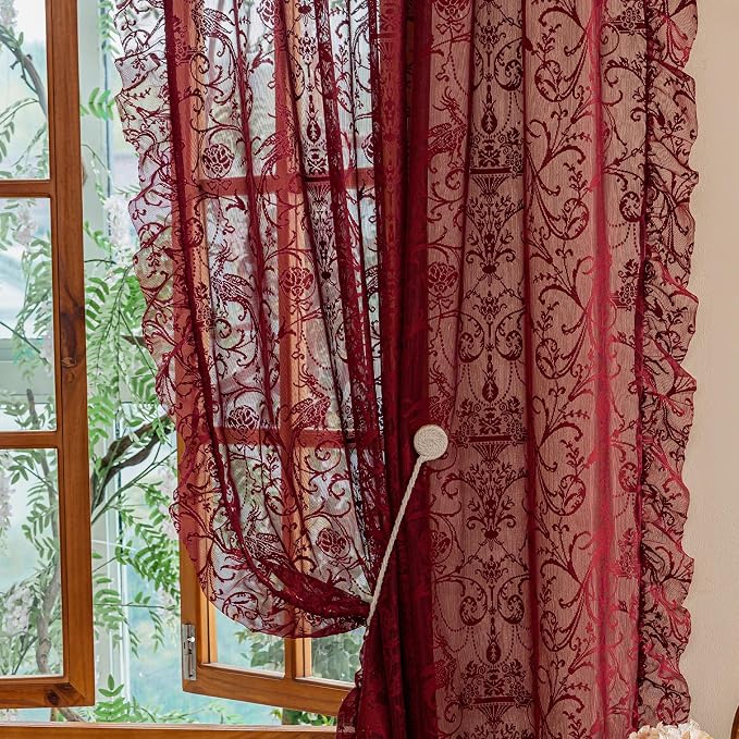 TUDECO Dark Red Curtains for Living Room 2 Panels - Rustic Country Sheer Floral Lace Red Curtains 108 Inches Long, Pretty Ruffle Edges Burgundy Decor Light Filtering Room Window Drapes, 59 x 108 Inch