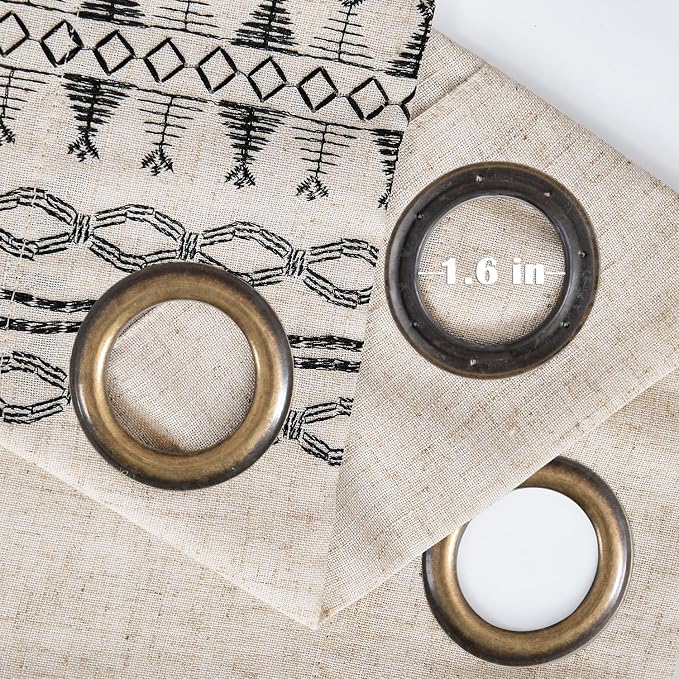 jinchan Boho Curtains Embroidered Linen Blend Window Curtains for Bedroom, Drapes 84 Inch Length 2 Panels Set, Geometry Grommet Bohemian Window Treatments Set for Living Room Black on Beige