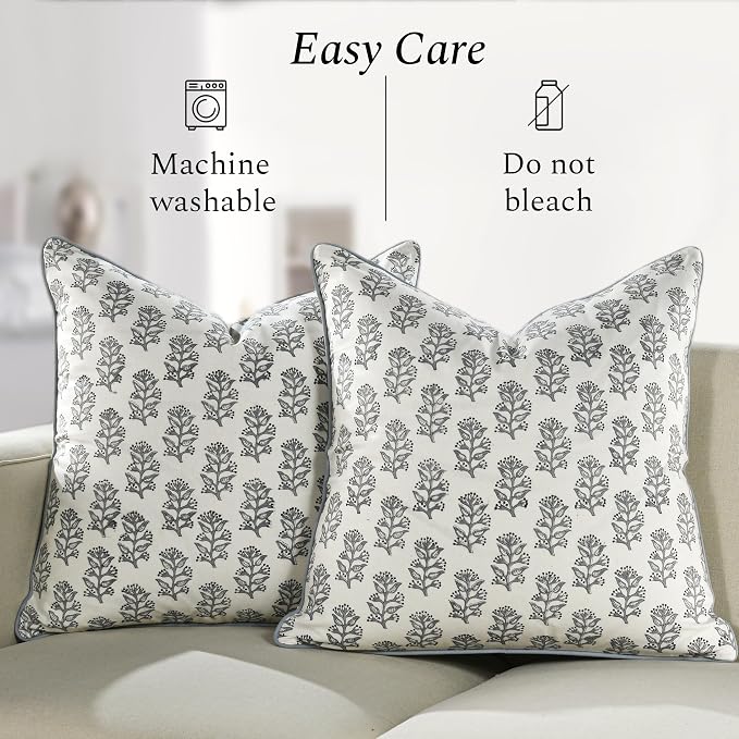 CPC 100% Cotton Throw Pillow Covers 18x18 Inch, Set of 2 Pink Block Print Pattern Couch Pillow, Cute Boho Decorative Pillows for Living Room, Bedroom with Hidden Zipper- Misty Grey Floral