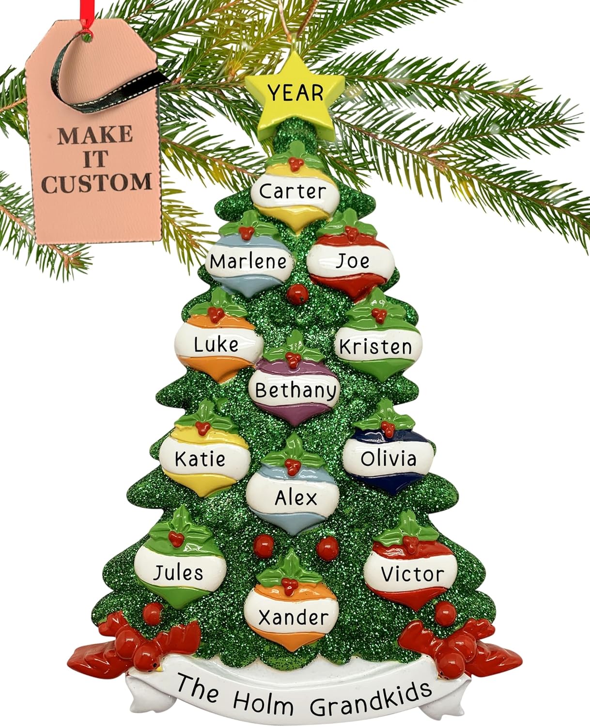 Personalized Large Family of 12 Ornament 2025 | Free 24h Customization | Christmas Ornaments for Tree | Custom Gift Wrapped Green Glitter Keepsake for Twelve Persons