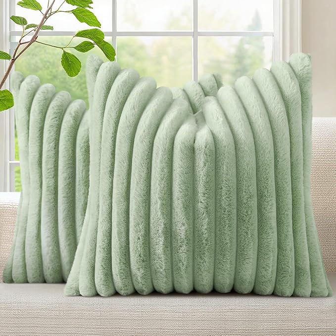 decorUhome Fall Cozy Faux Fur Throw Pillow Covers 20x20 Set of 2 Decorative Soft Plush Striped Modern Farmhouse Boho Couch Pillow Cases with Velvet Back for Sofa Bed Living Room, Sage Green
