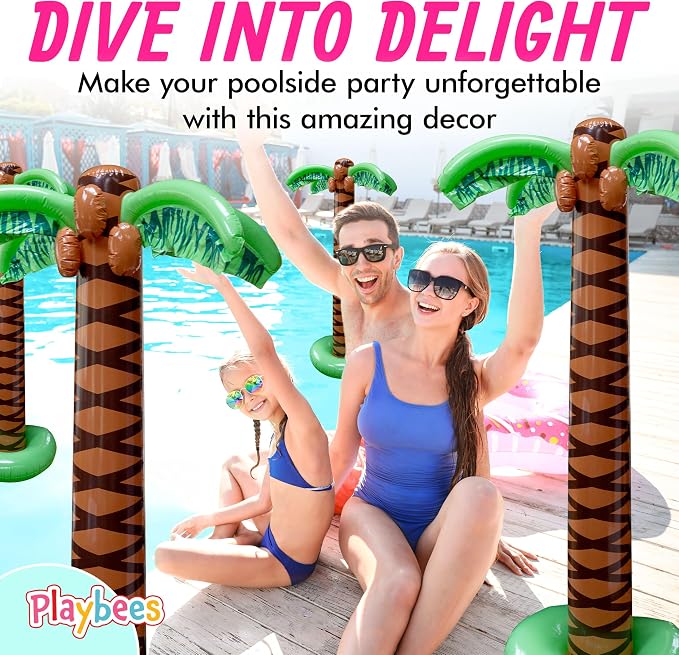 Playbees Giant Inflatable Palm Trees 6 Foot - 4 Pack - Beach Party Decorations for Summer Luau Themed Pool Party, Tropical Hawaiian Blow Up Palm Tree Favors - Poolside Ambiance, Easy Inflation