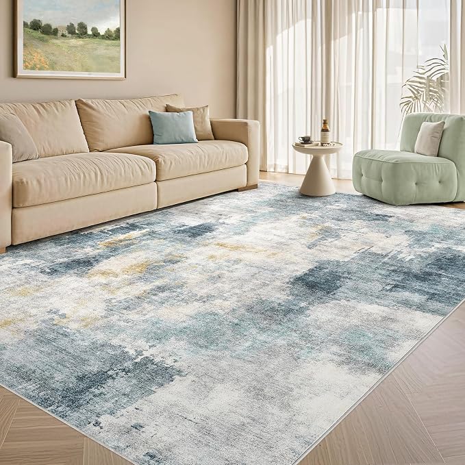 Tortania Washable 6x9 Area Rug for Living Room: Modern Abstract Neutral Large Soft Thin Rugs - Non Slip Indoor Carpet for Bedroom Dining Room Office Nursery Home Floor Decoration - Blue