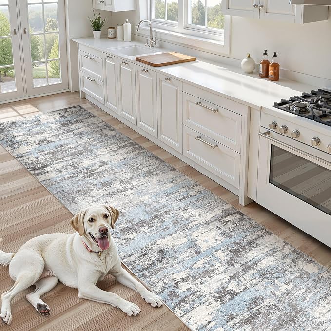 Hallway Washable Runner Rug: 3x14 Abstract Modern Soft Stain Resistant Non-Slip Backing Runner for for Entryway Kitchen Laundry - Blue Grey