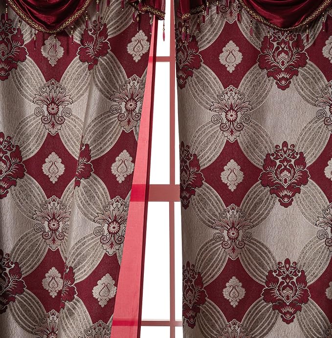 Petrichor Elegant Curtains with Gold Silver Threads 2 Panels Set - Luxury Window Treatment Attached Valance, Sheer Backing, and 2 Tie Backs for Bedroom and Living Room, 54x63 inches, Burgundy