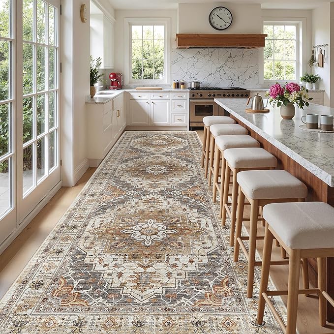 Madane 4x12 Wide Hallway Runner Rug Washable for Living Room, Turmeric/Grey | Soft Stain Resistant Ktichen Runners 12ft, Vintage Non Slip Low Pile Area Rugs, Thin Floor Carpet for Bathroom Dining Bedroom